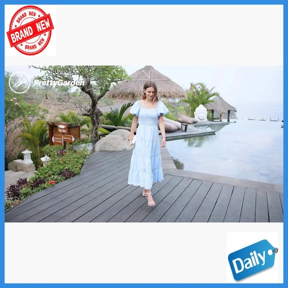 Puffy Sleeve Square Neck Smocked Midi Dress Tiered Ruffle Summer Casual - Picture 7 of 7